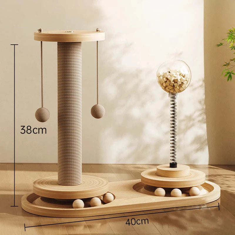 Wooden Cat Scratching Post with Sisal & Turntable – Durable Claw Grinder Toy for Kittens with 4 Interactive Balls