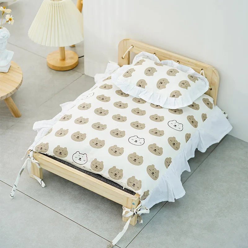 Solid Wood Princess Pet Bed for Cats & Small Dogs – Detachable Luxury Sofa Bed with Pillow & Blanket Set