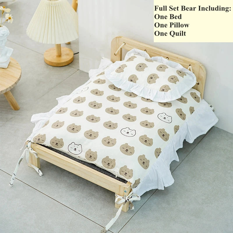 Solid Wood Princess Pet Bed for Cats & Small Dogs – Detachable Luxury Sofa Bed with Pillow & Blanket Set