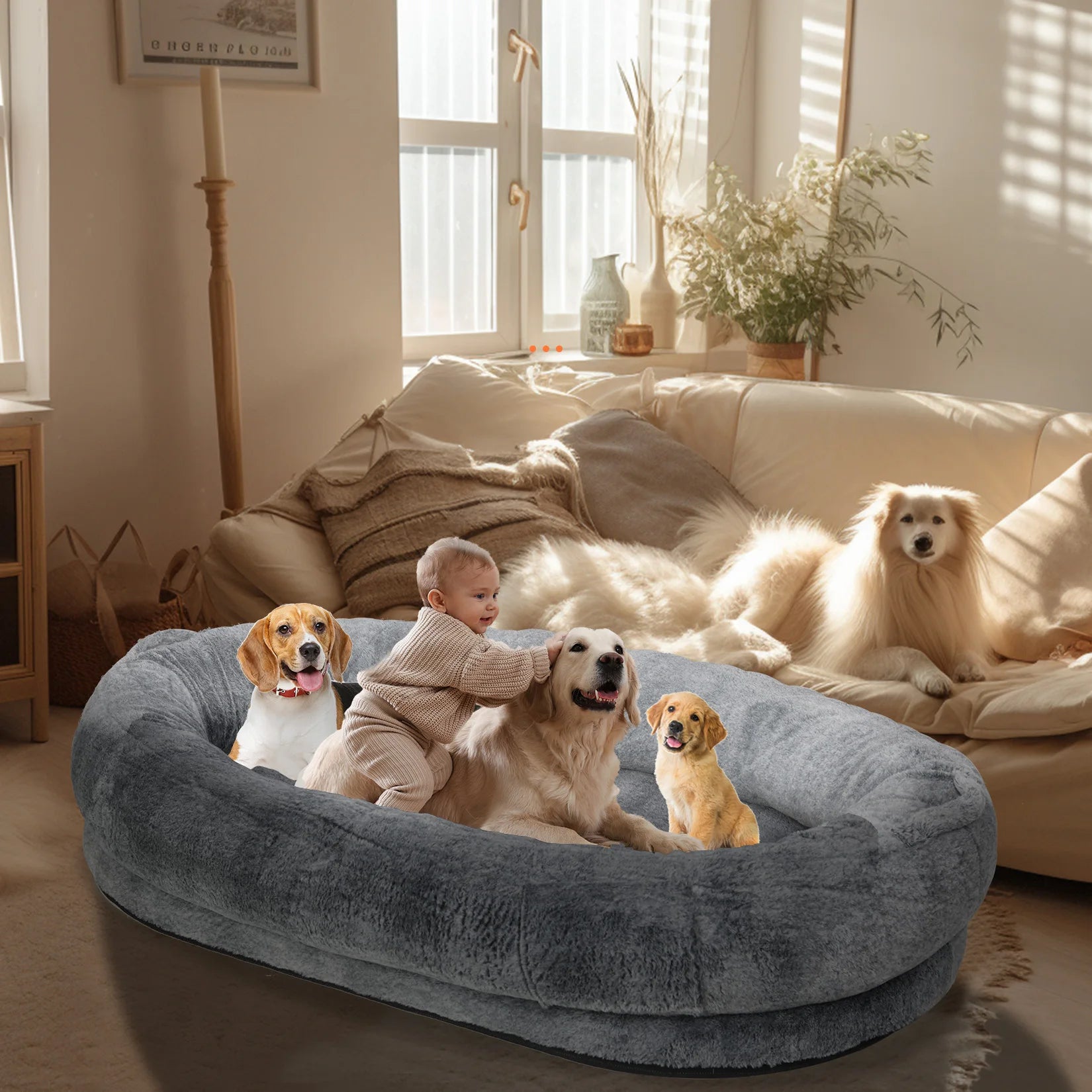 Large Human Dog Bed – 66" x 43" Giant Beanbag Bed for Adults & Pets with Washable Plush Cover & Blanket | Cozy Oversized Pet Lounger