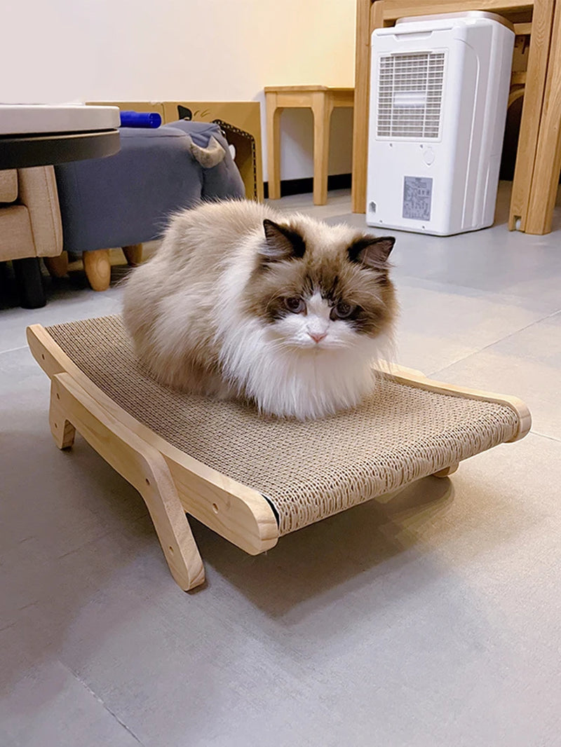 3-in-1 Cat Scratcher Lounge Bed with Wooden Frame – Detachable Scratch Board, Anti-Scratch Training Toy for Claw Grinding