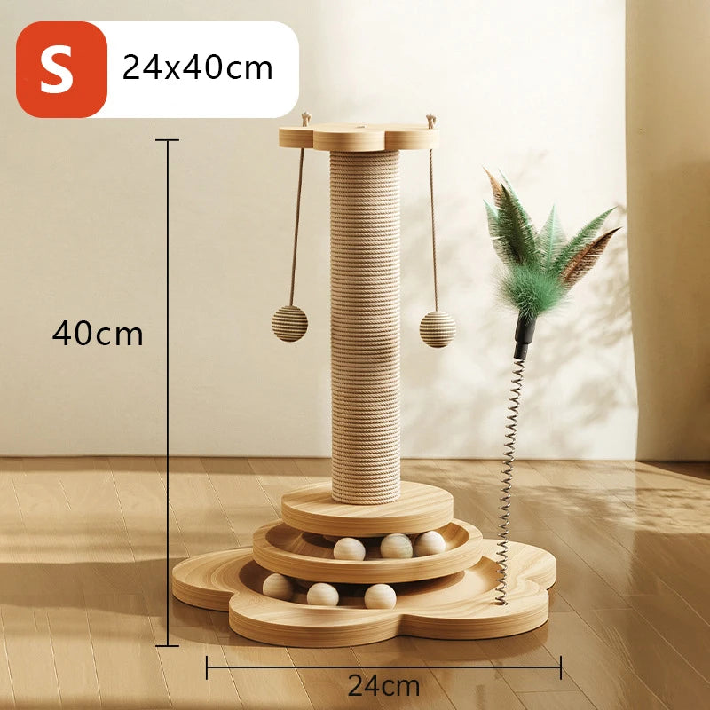 Wooden Cat Scratching Post with Sisal & Turntable – Durable Claw Grinder Toy for Kittens with 4 Interactive Balls