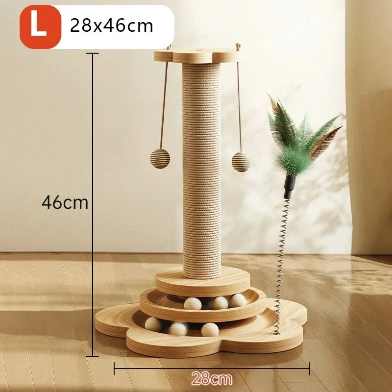 Wooden Cat Scratching Post with Sisal & Turntable – Durable Claw Grinder Toy for Kittens with 4 Interactive Balls