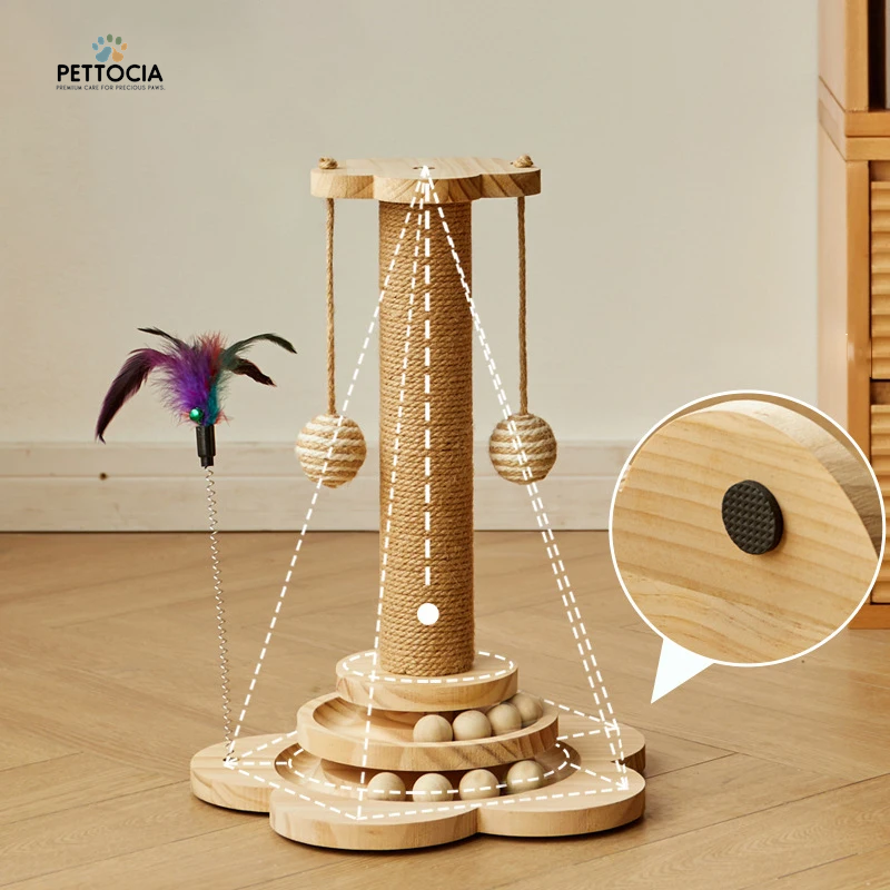Wooden Cat Scratching Post with Sisal & Turntable – Durable Claw Grinder Toy for Kittens with 4 Interactive Balls