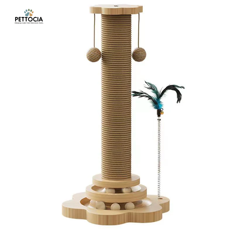 Wooden Cat Scratching Post with Sisal & Turntable – Durable Claw Grinder Toy for Kittens with 4 Interactive Balls