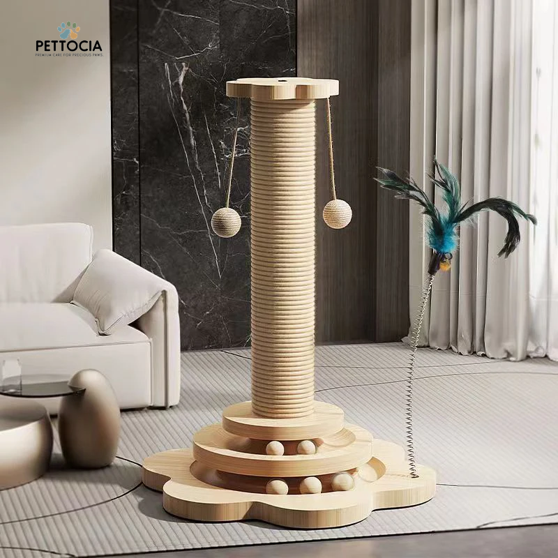 Wooden Cat Scratching Post with Sisal & Turntable – Durable Claw Grinder Toy for Kittens with 4 Interactive Balls
