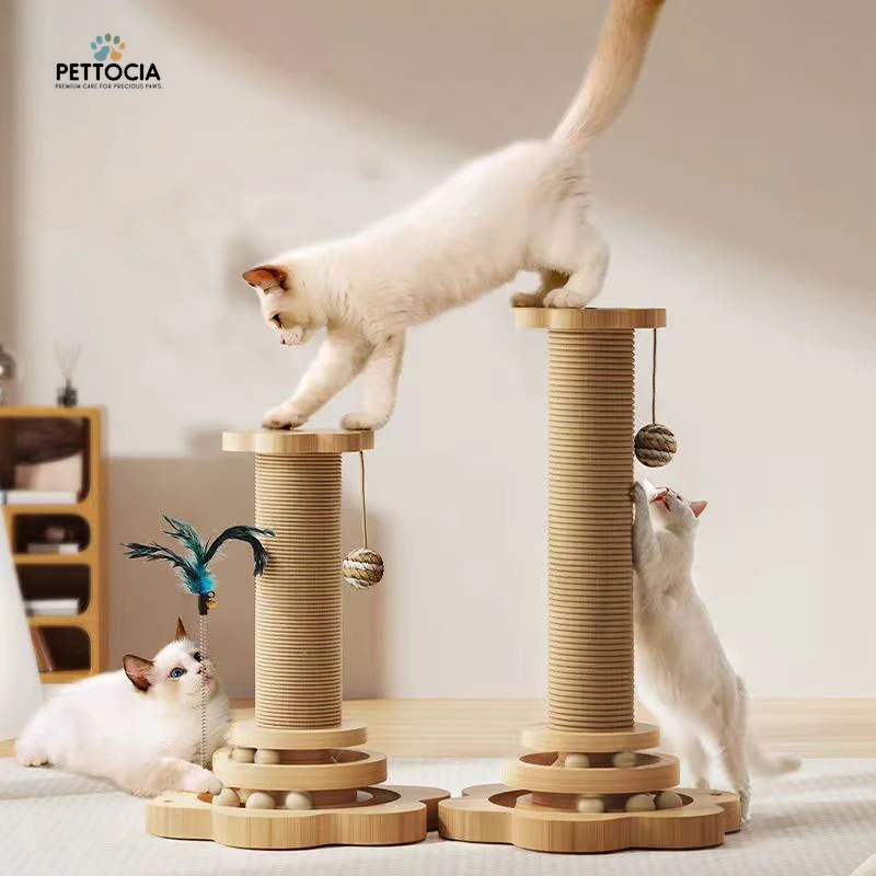 Wooden Cat Scratching Post with Sisal & Turntable – Durable Claw Grinder Toy for Kittens with 4 Interactive Balls