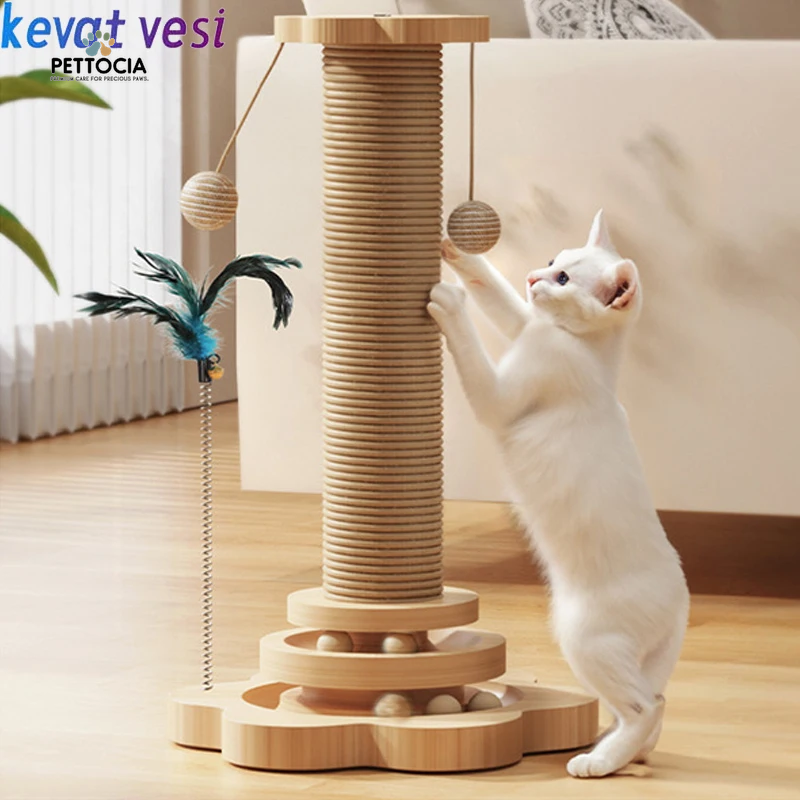 Wooden Cat Scratching Post with Sisal & Turntable – Durable Claw Grinder Toy for Kittens with 4 Interactive Balls