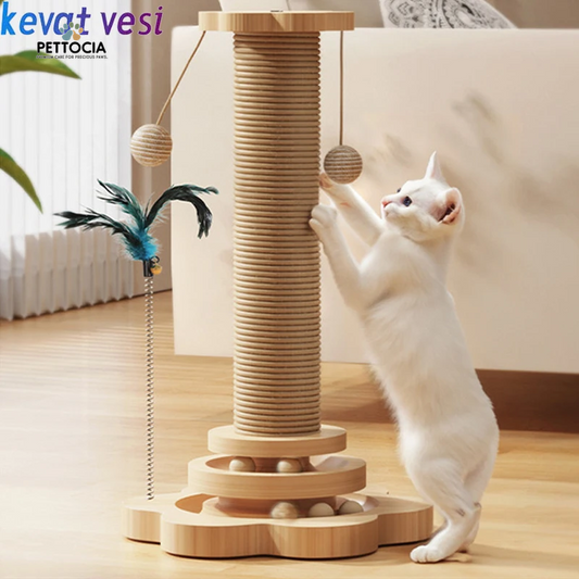 Wooden Cat Scratching Post with Sisal & Turntable – Durable Claw Grinder Toy for Kittens with 4 Interactive Balls